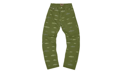 Corteiz Alcatraz Pattern Denim Jeans Khaki - widok z drugiego boku - Markowe dodatki
