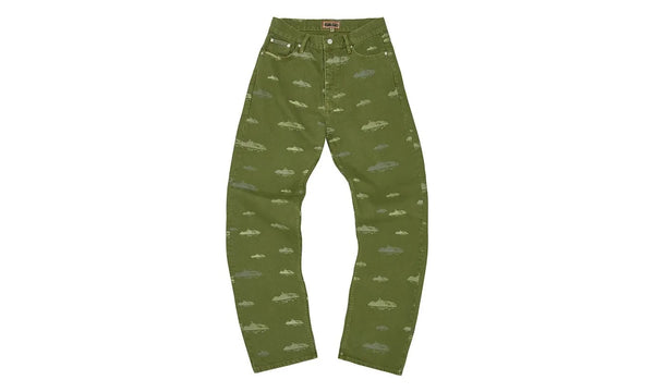 Corteiz Alcatraz Pattern Denim Jeans Khaki - Corteiz Alcatraz Pattern Denim Jeans Khaki - widok z drugiego boku - Markowe dodatki