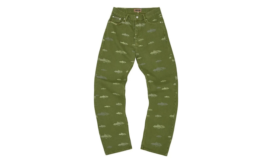 Corteiz Alcatraz Pattern Denim Jeans Khaki - widok z drugiego boku - Markowe dodatki
