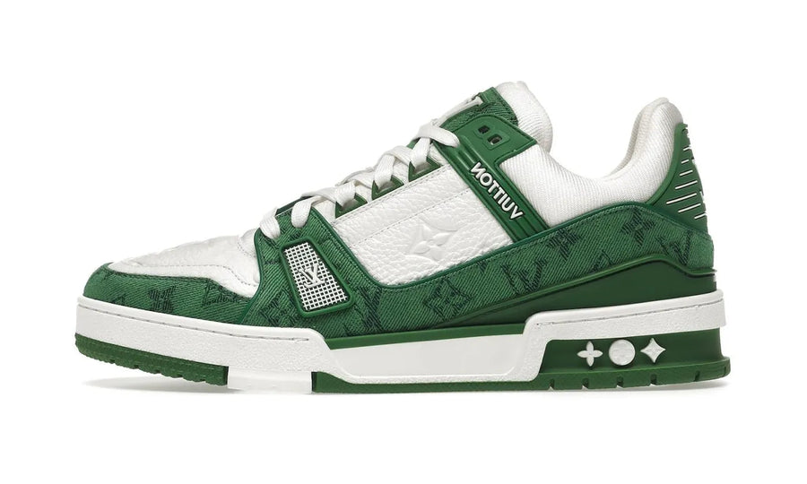 Louis Vuitton LV Trainer Green Monogram Denim White biały-zielony - widok główny z boku | Saturaise.com